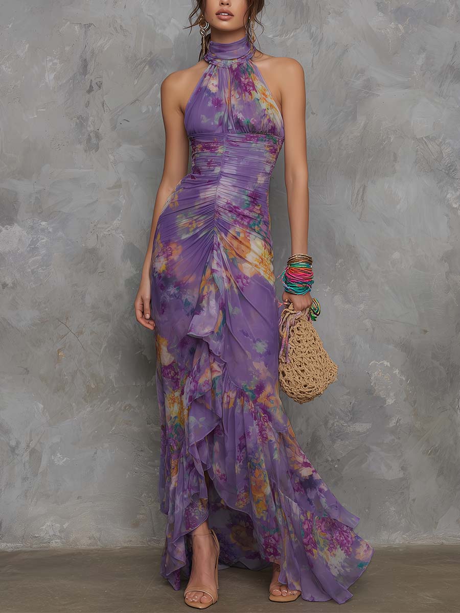 Sariah | Elegant Purple Floral Chiffon Halter Maxi Dress