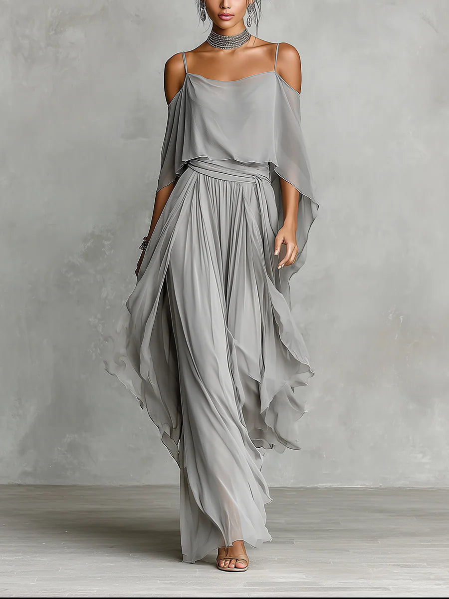 Alize | Grey off-shoulder flowy camisole and trousers chiffon set