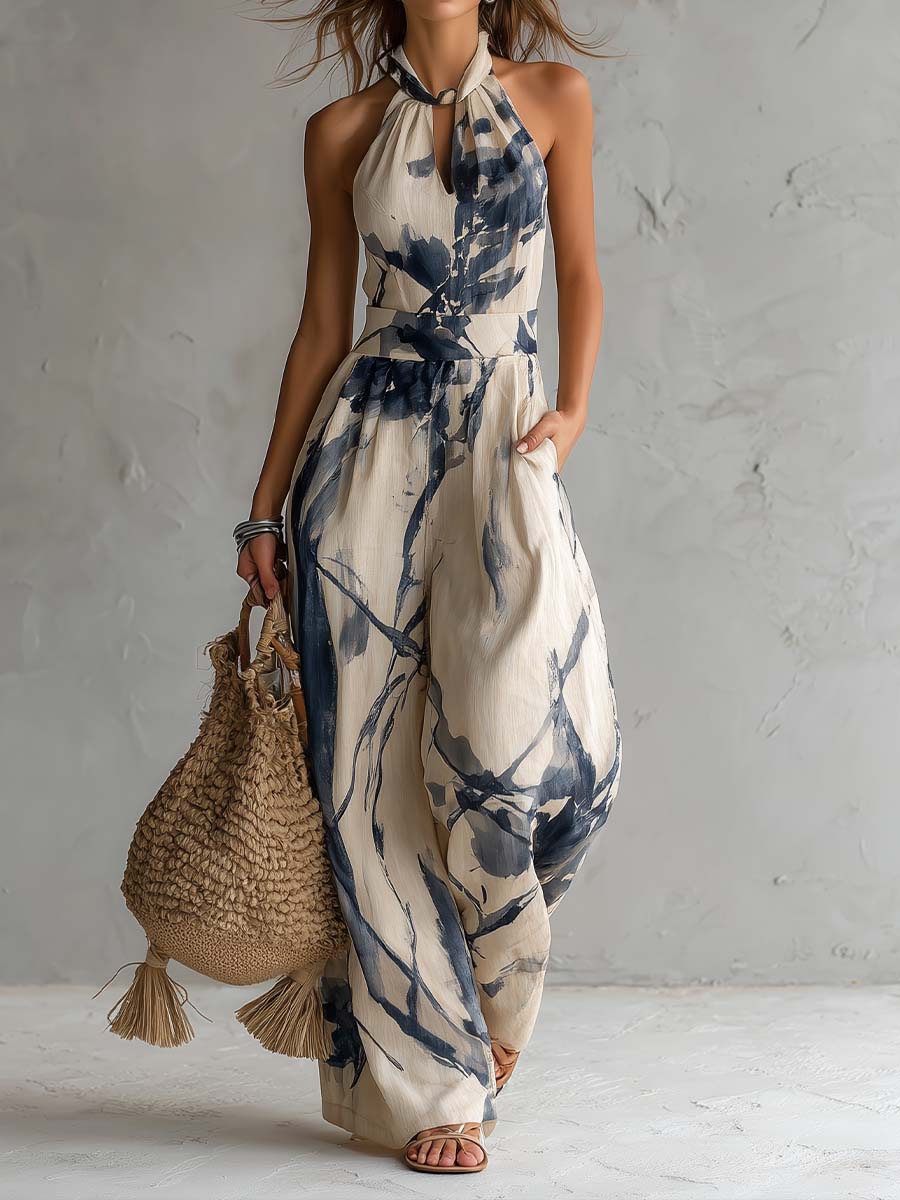 Miralyn | Elegant Ink-Print Halter Jumpsuit