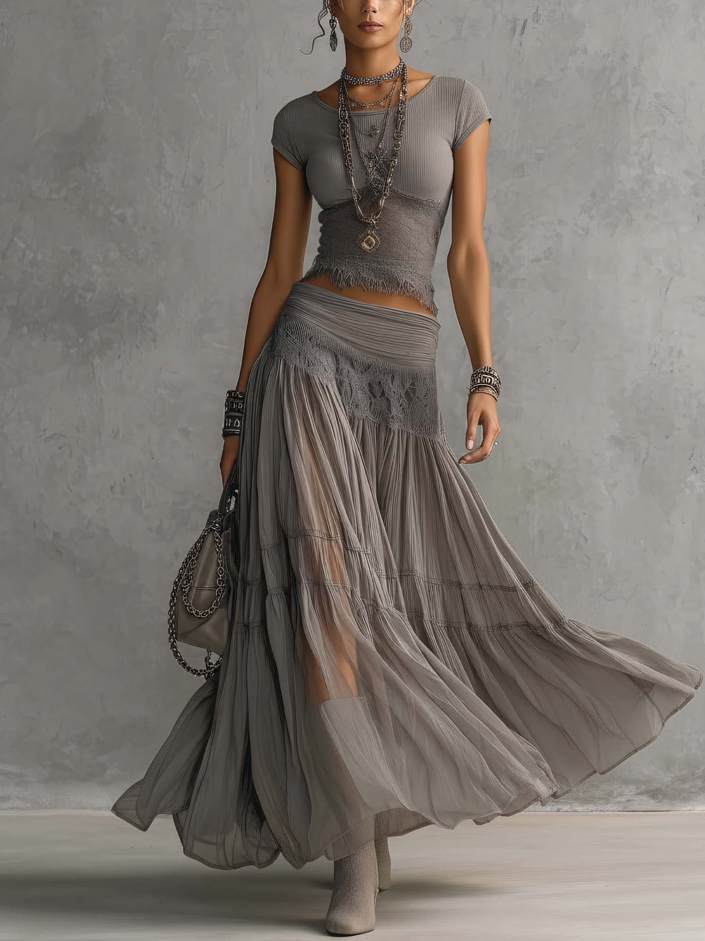 Alannah-Rose | Grey Sheer Lace-Paneled Top and Pleated Maxi Skirt Set