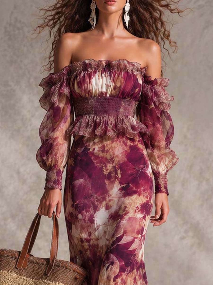 Jemina | Rose Pink Floral Off-Shoulder Chiffon Maxi Dress