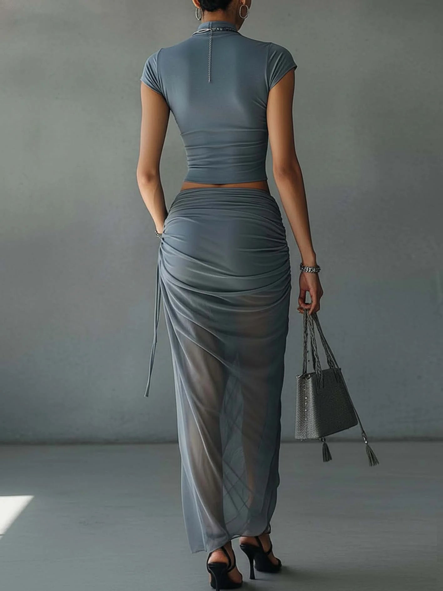 Aimee | Blue Cropped T-Shirt and Sheer Mesh Draped Skirt Set