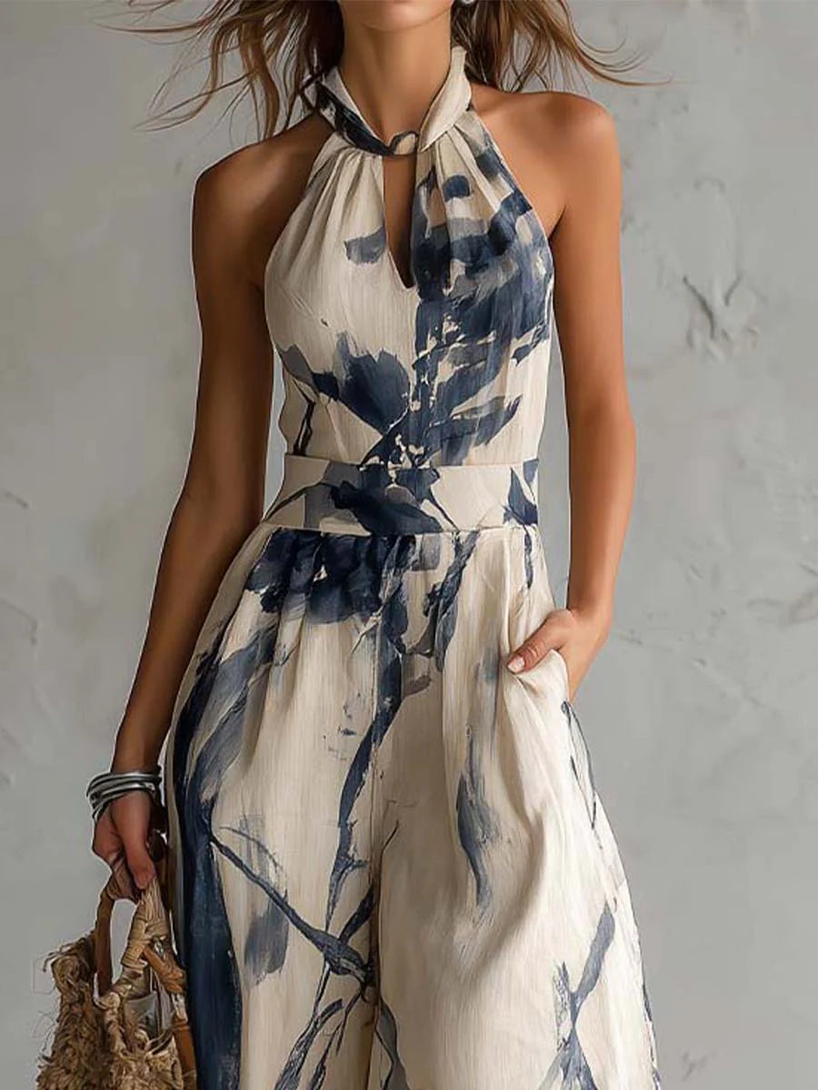 Miralyn | Elegant Ink-Print Halter Jumpsuit