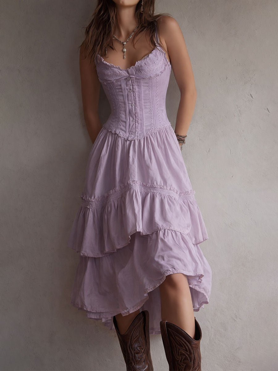 Reese | Retro Boho White Corset Tiered Midi Dress With Lace-Trim