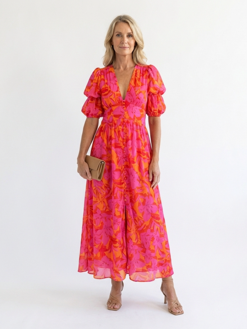 Ziva | Floral V Neck Puff Sleeve Midi Dress