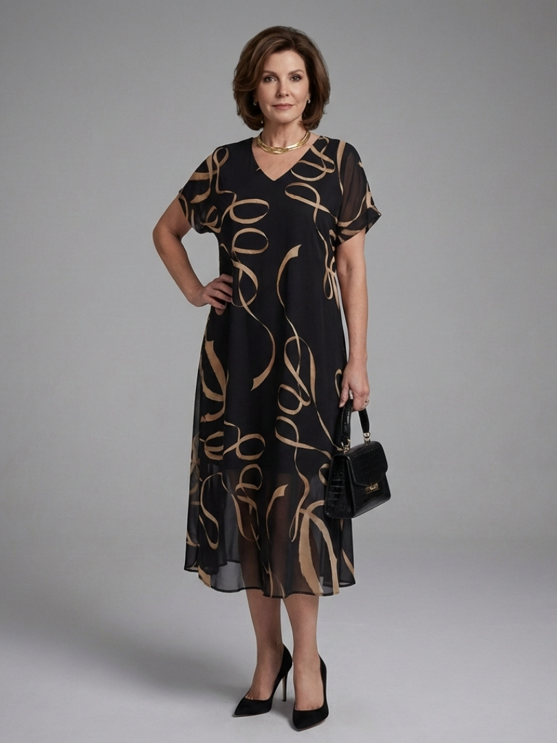 Sabrine | Abstract Midi Dress with Short Sleeves