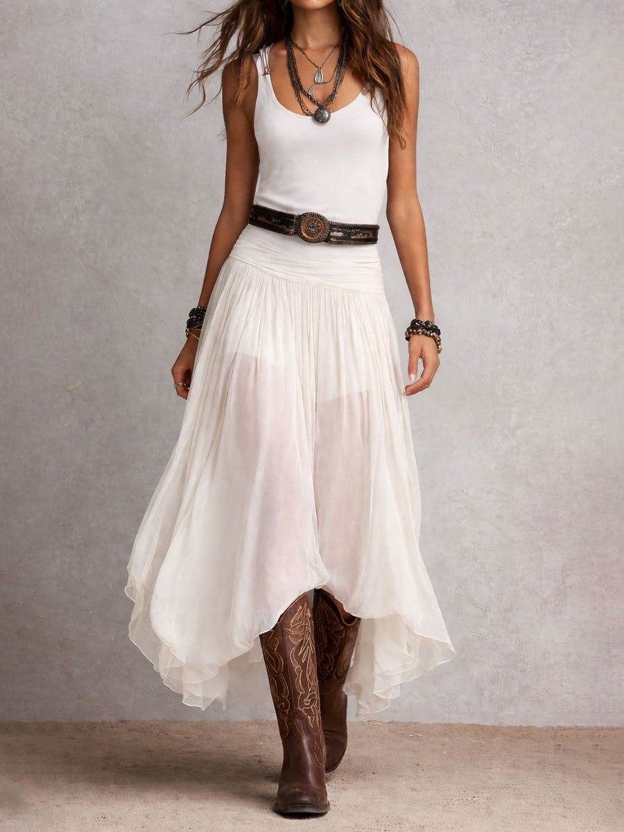 Selena | Boho Western Black Stretchy Maxi Dress With Sheer Skirt