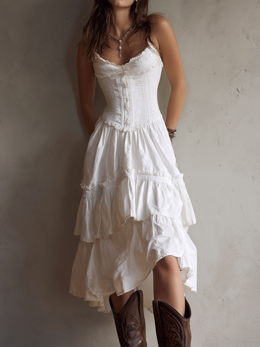 Reese | Retro Boho White Corset Tiered Midi Dress With Lace-Trim