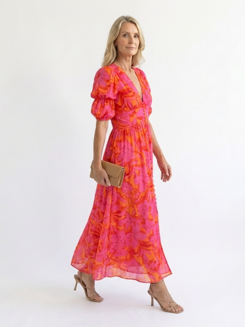 Ziva | Floral V Neck Puff Sleeve Midi Dress