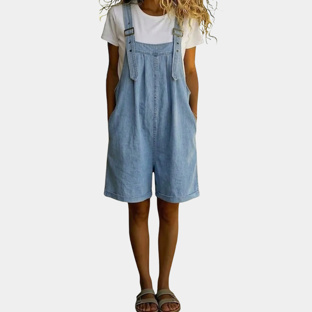 Saylor™ - Vintage Washed Soft Cotton Feel Denim Short Overall Light blue