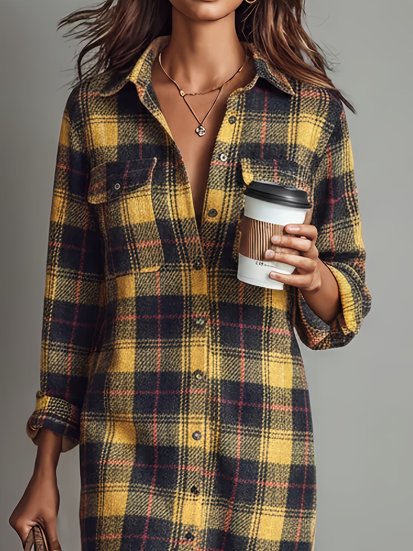 Yelena | Women'S Herringbone Check Long Sleeve Midi Dress