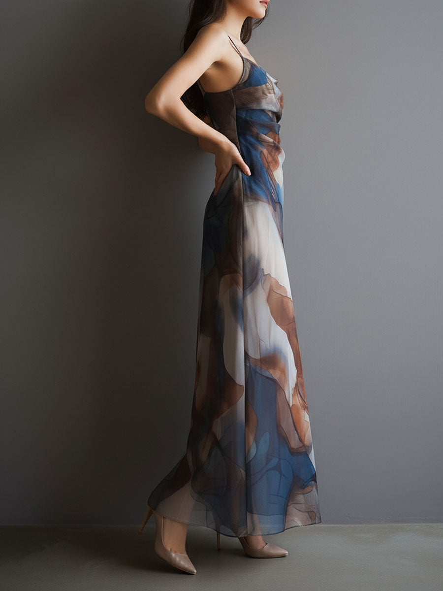 Primrose | Retro Abstract Print Watercolor Chiffon Slip Maxi Dress