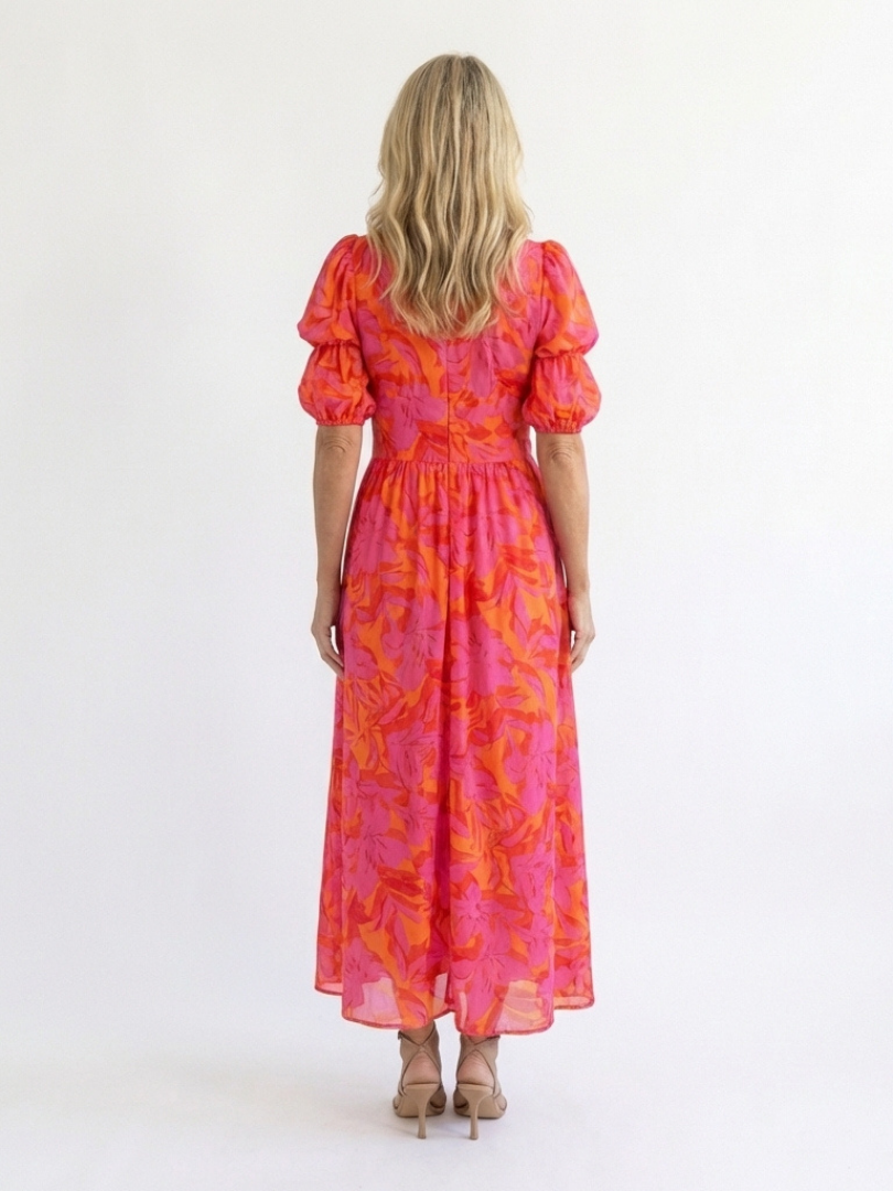 Ziva | Floral V Neck Puff Sleeve Midi Dress