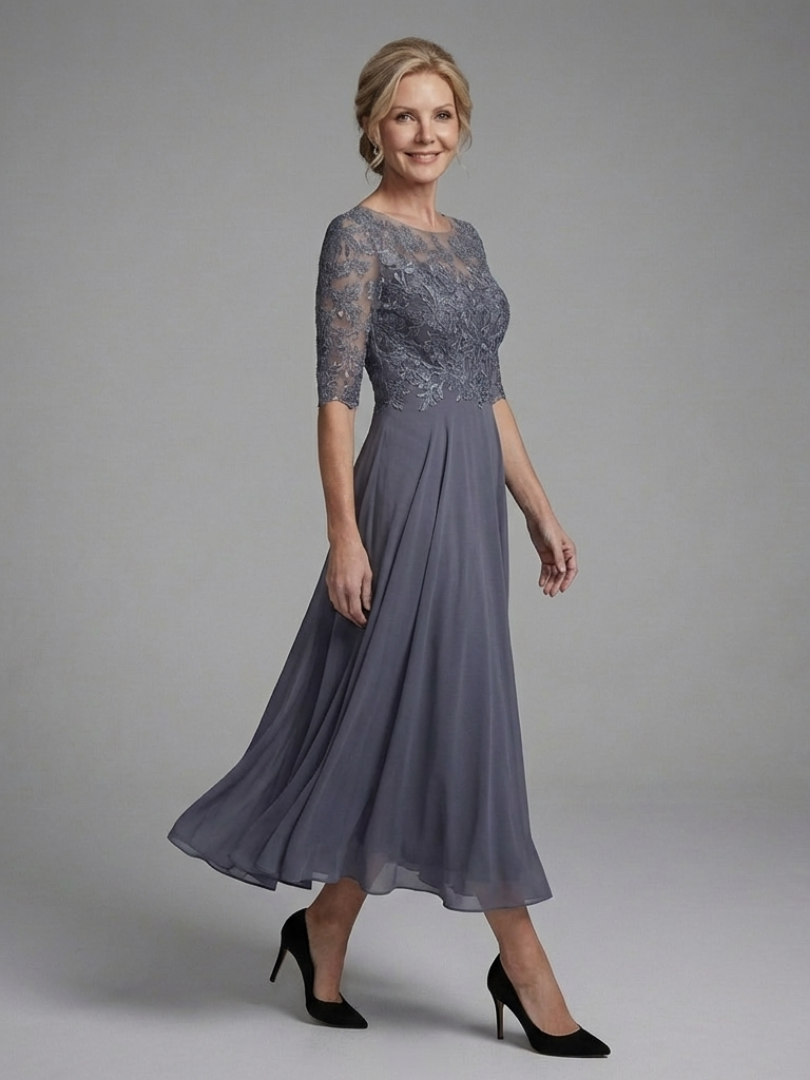 Olivina | Lace Bodice and Sheer Sleeves Midi Dress