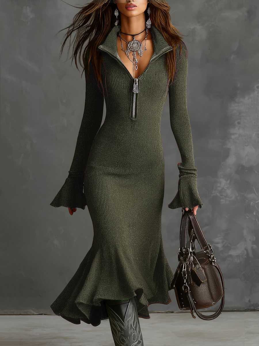 Shaylene | Retro Zipper Neck Trumpet Sleeve Knitted Midi Dress