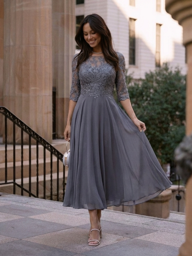 Olivina | Lace Bodice and Sheer Sleeves Midi Dress