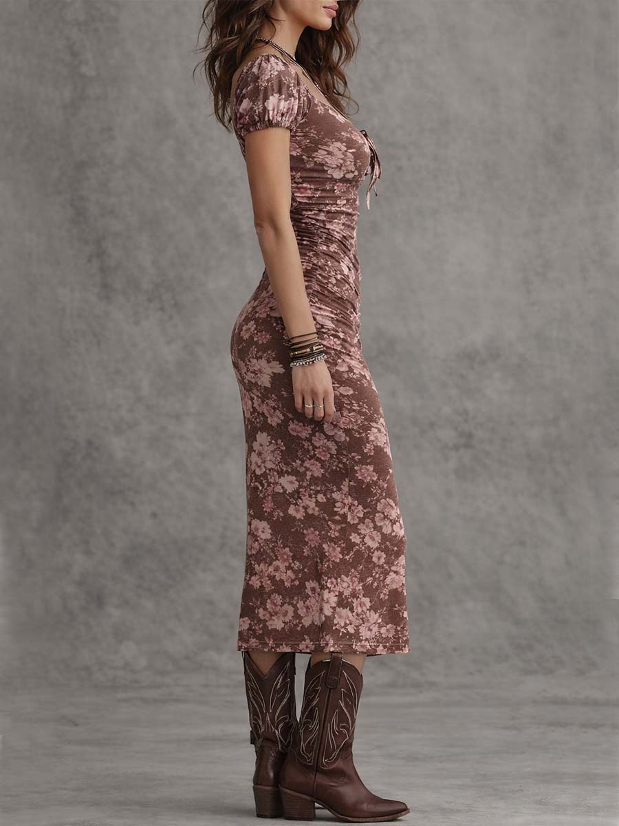 Kaelin | Sweetheart Neck Puff Sleeve Bodycon Midi Dress With Slit