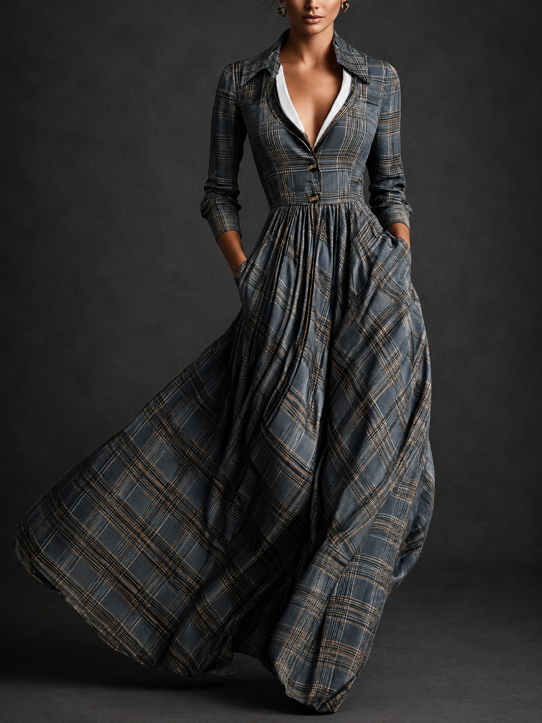 Dahliana | Elegant Plaid Long Sleeve Maxi Dress