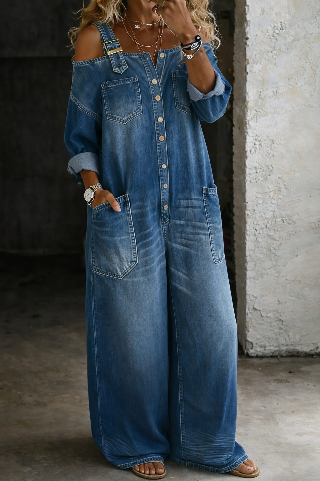 Stephanie™ | Off Shoulder Printed Denim Jumpsuit