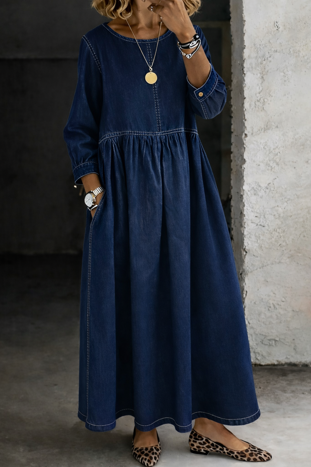 Melissa™ | Round Neck Long Sleeve Denim Dress
