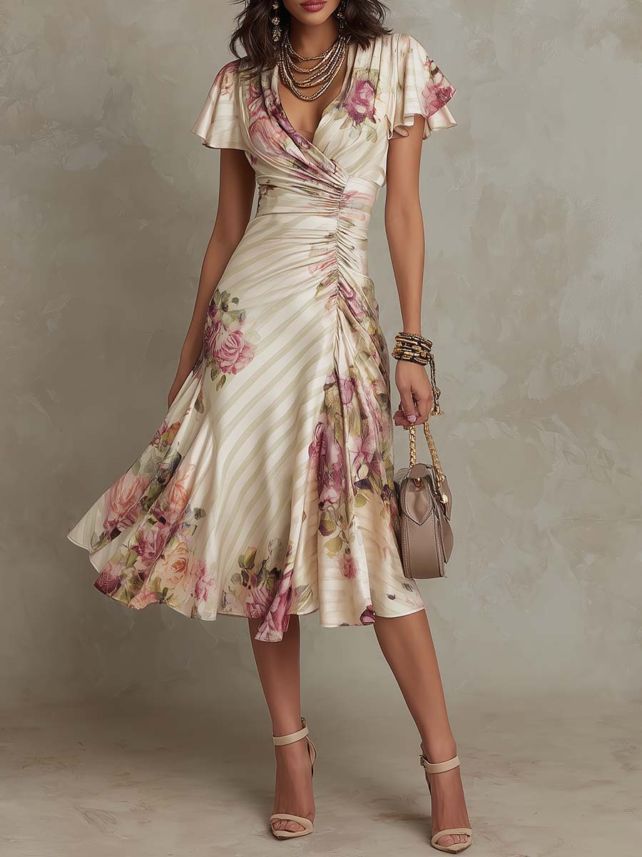 Karmen | Elegant vintage floral satin midi dress