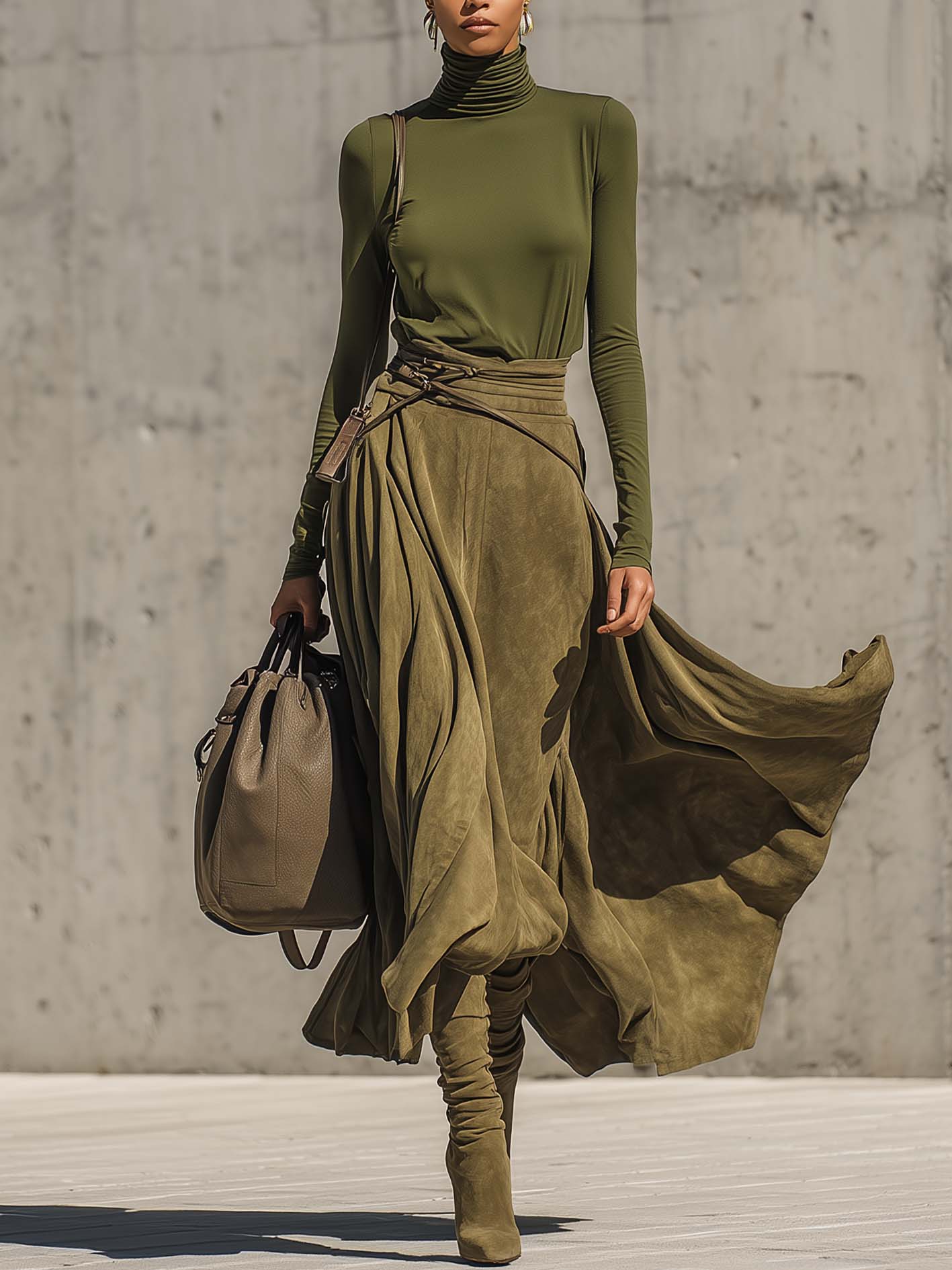 Andie | Olive Green Stretch Turtleneck Top And Faux Suede Maxi Skirt Set(Includes belt)