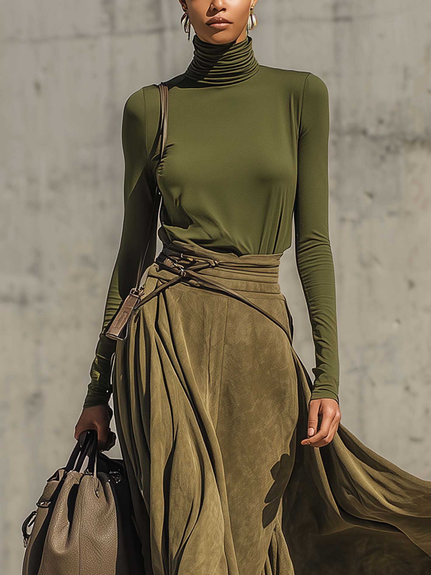 Andie | Olive Green Stretch Turtleneck Top And Faux Suede Maxi Skirt Set(Includes belt)