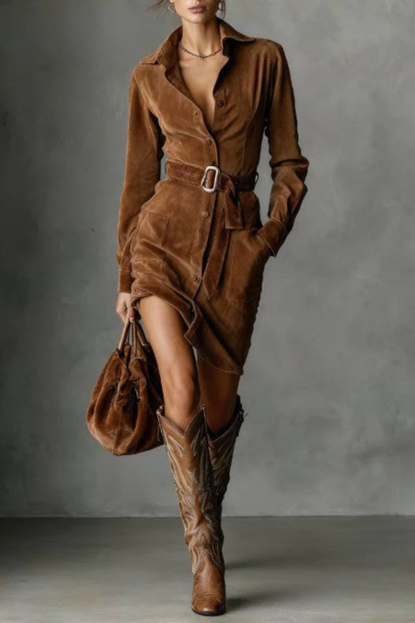 Zinnia | Suéde Autumn Dress With Long Sleeves and Belt