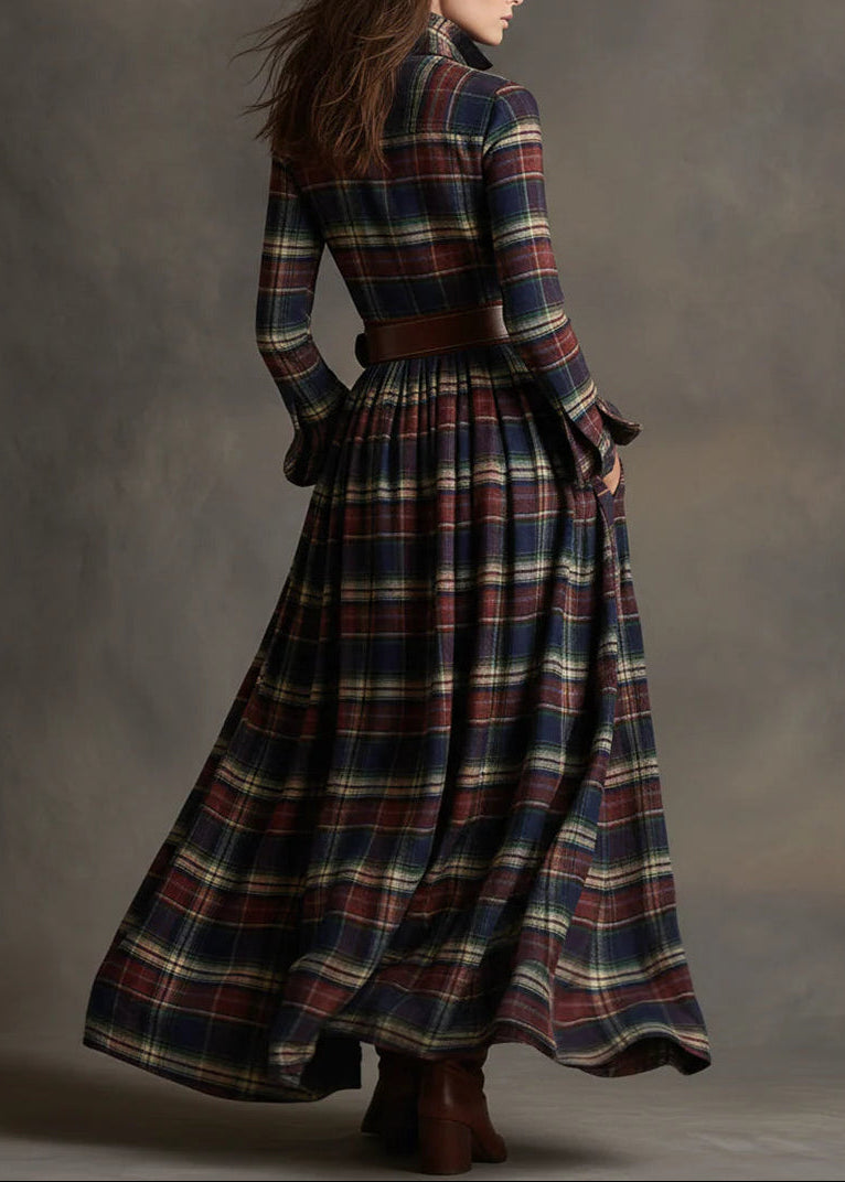 Capucine | Retro plaid lapel long-sleeved maxi dress