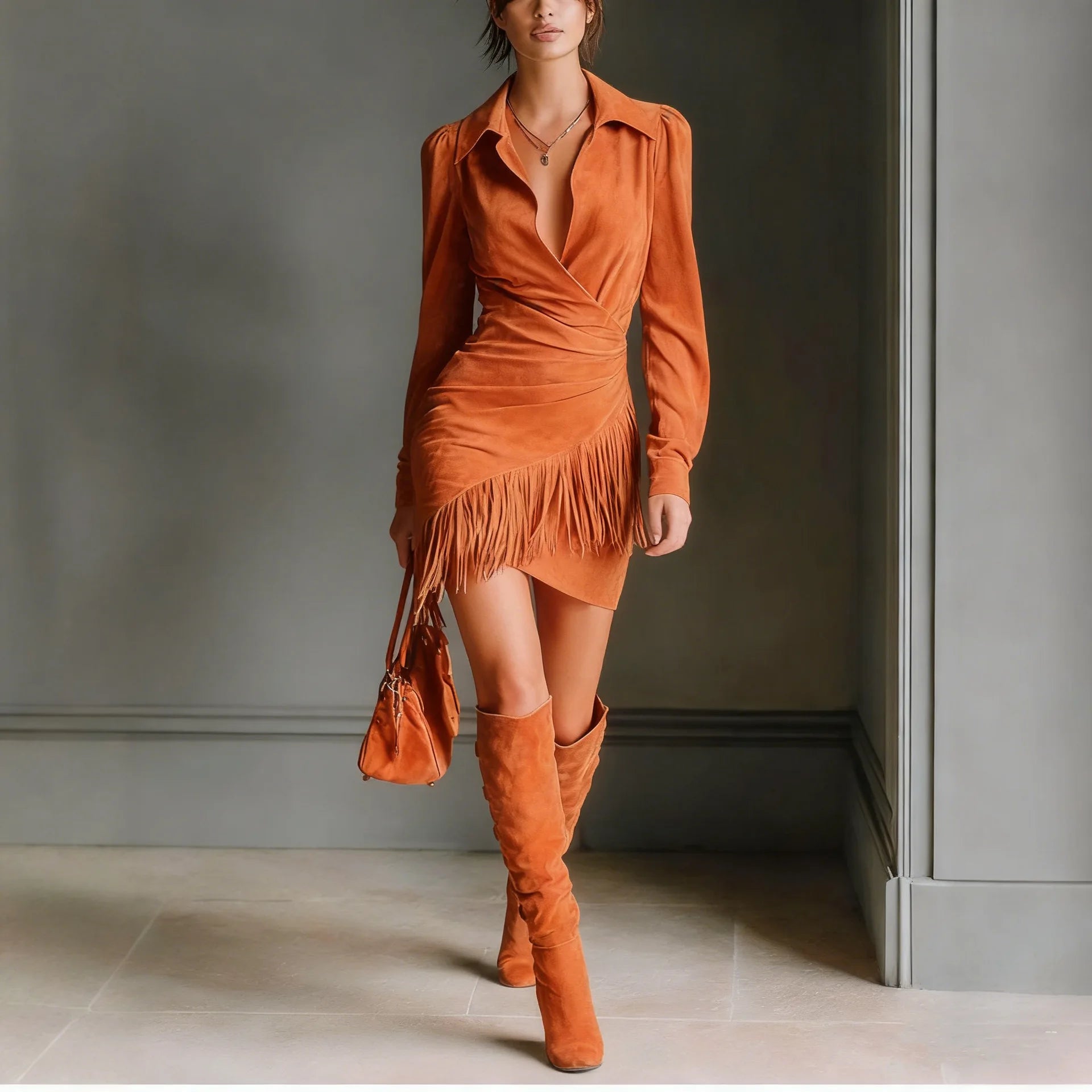 Emmylou | Suede Long Sleeve Bodycon Slip Dress