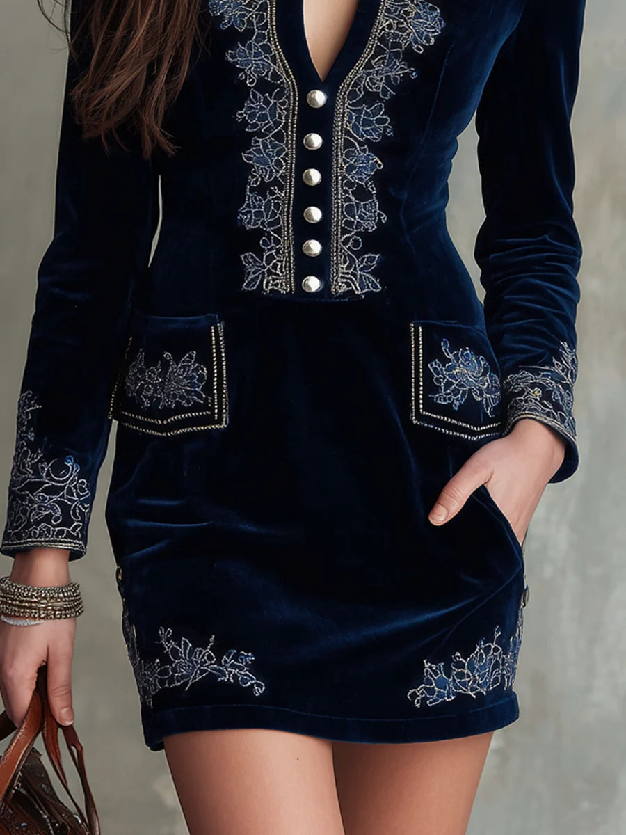 Gaia | Vintage Embroidered Fitted Velvet Mini Dress
