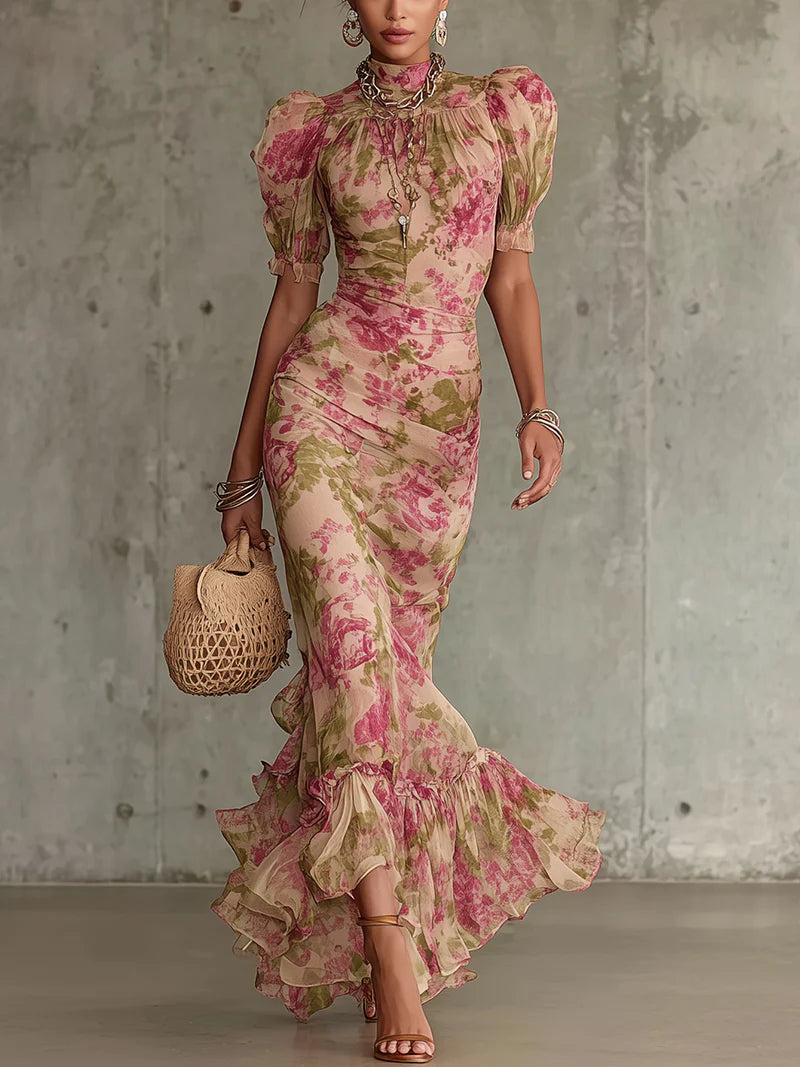 Liesel | Vintage Rose Print Maxi Dress With Puff Sleeves