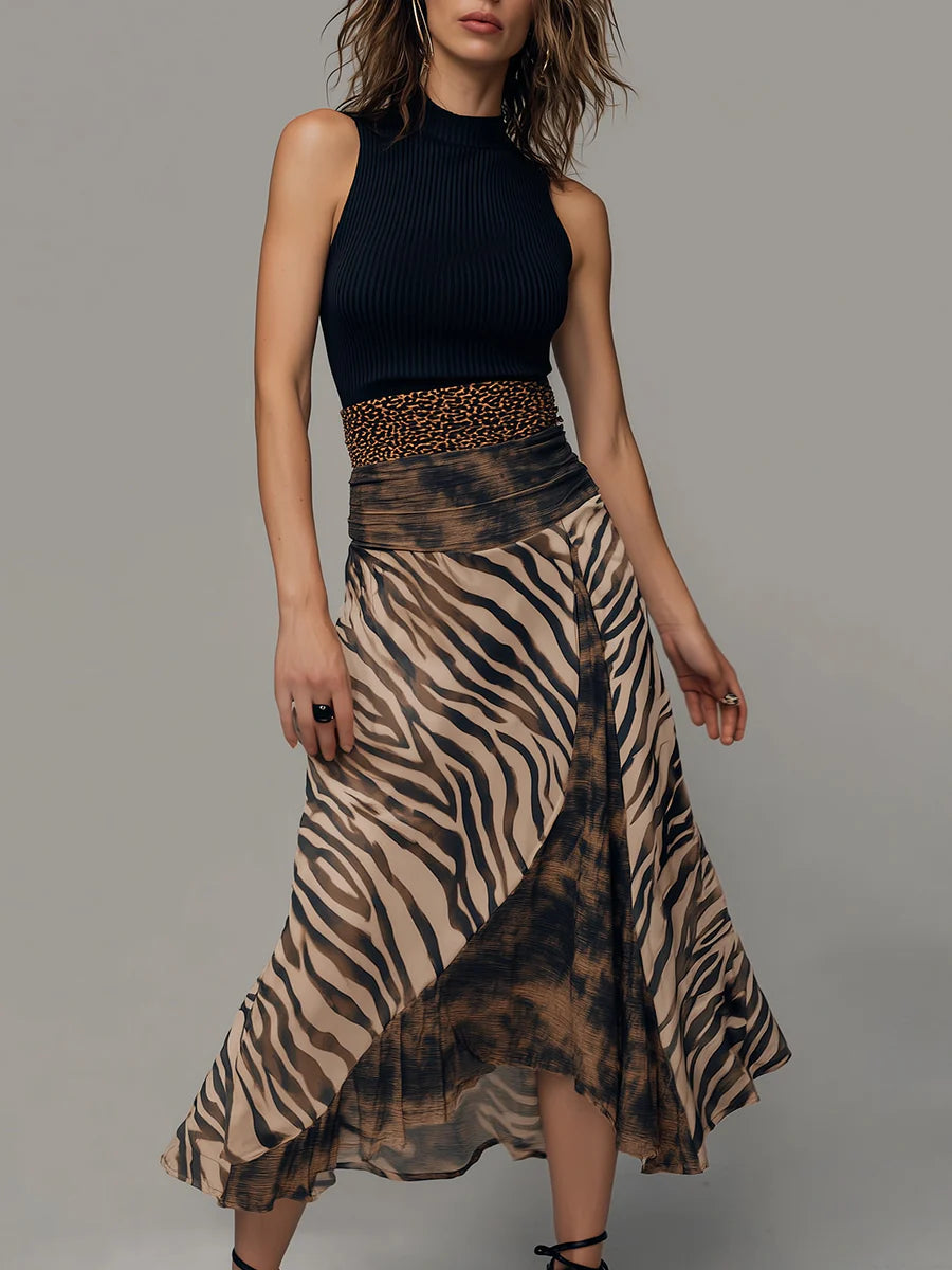 Abbie | Vintage Zebra Print Patchwork Sleeveless Midi Dress
