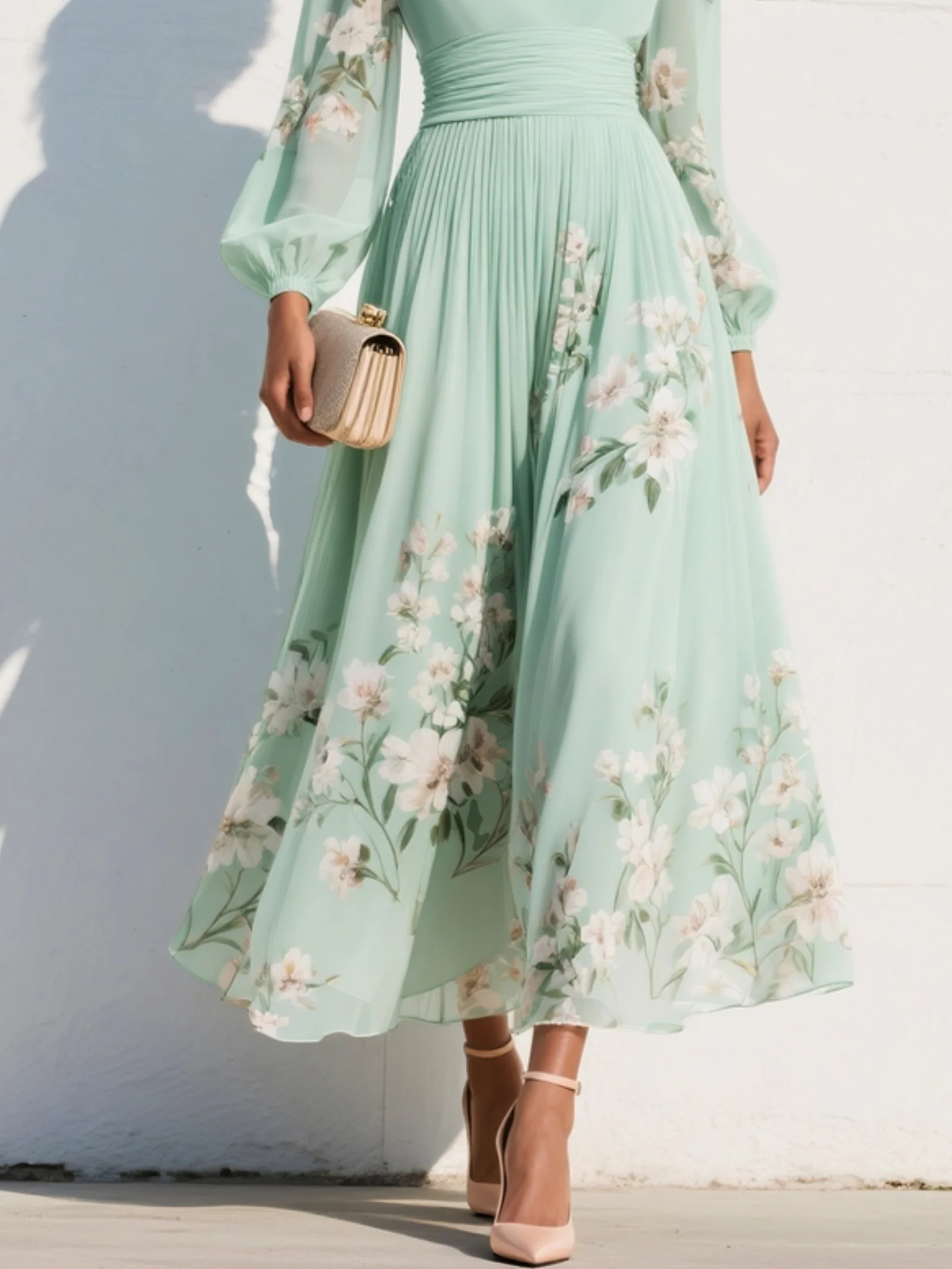Maxie | Pleated Chiffon Dress in Mint Green with Floral Print for Women