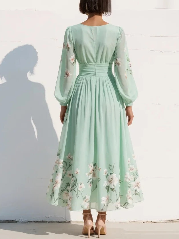 Maxie | Pleated Chiffon Dress in Mint Green with Floral Print for Women