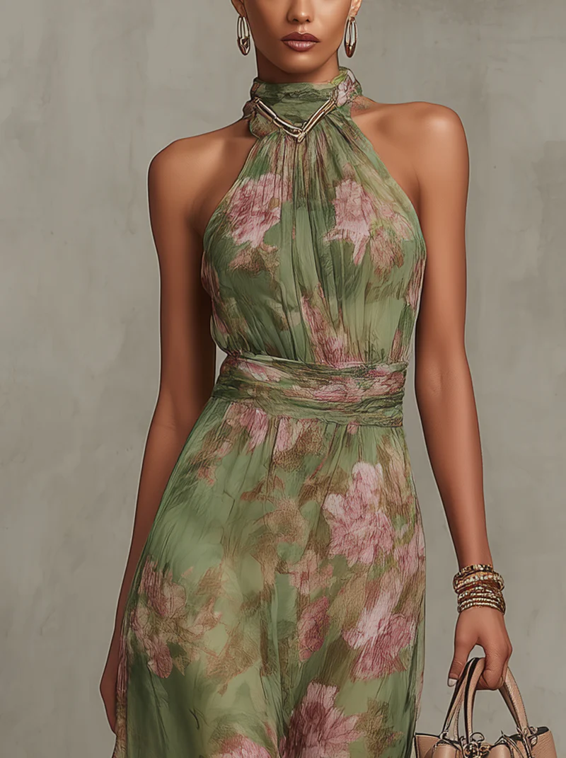Keeley | Green Floral Chiffon Halter Maxi Dress