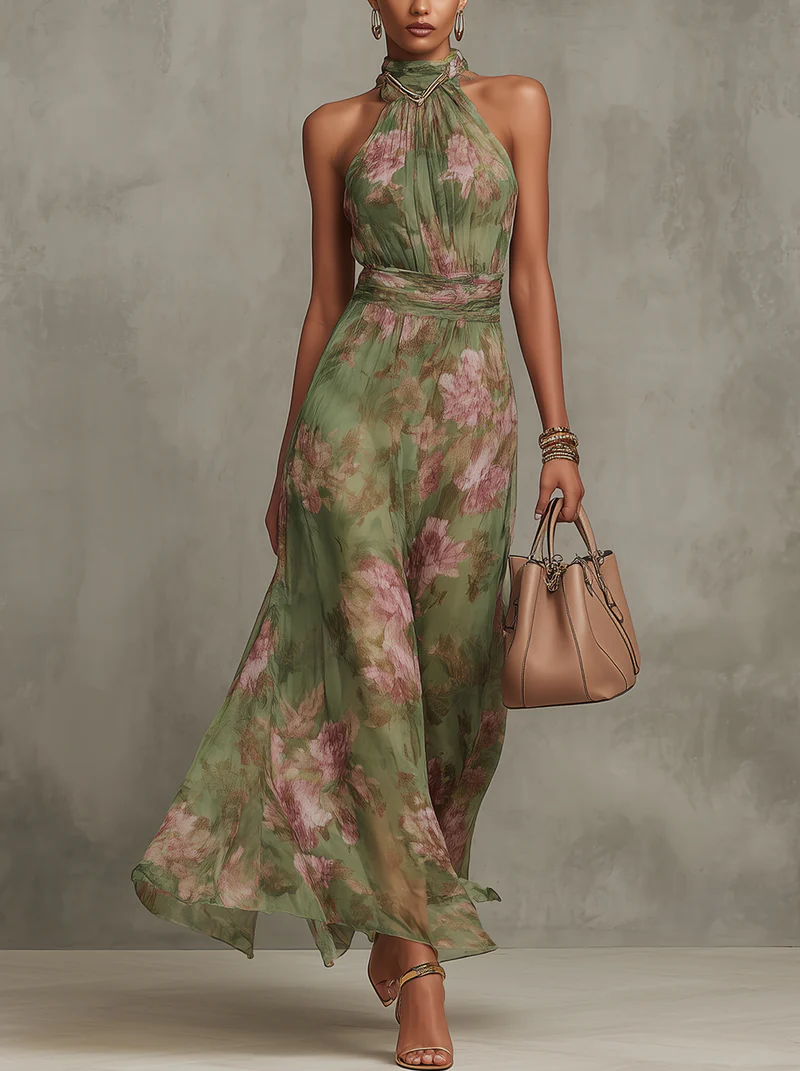 Keeley | Green Floral Chiffon Halter Maxi Dress