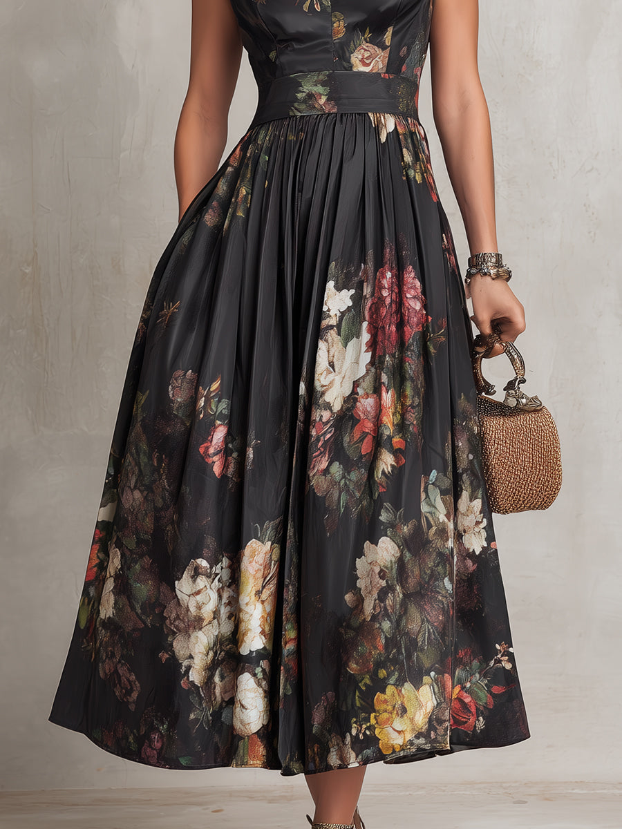 Lennie | Black Keyhole Collar Floral Pleated Satin Midi Dress