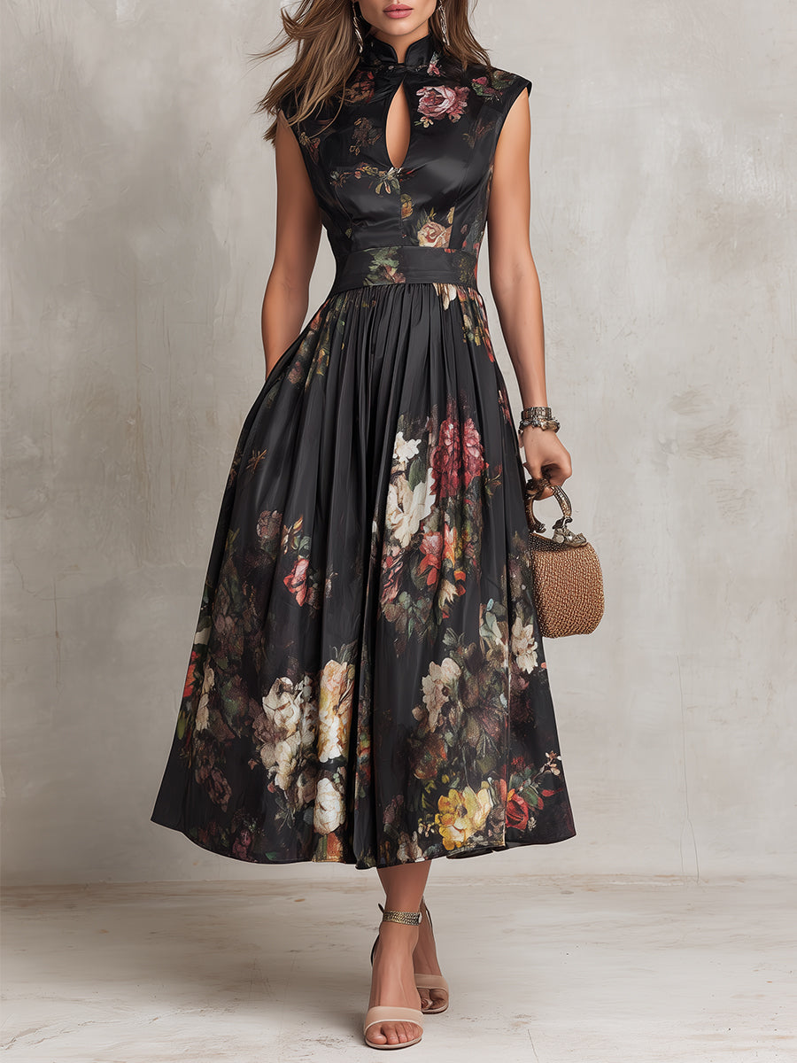Lennie | Black Keyhole Collar Floral Pleated Satin Midi Dress