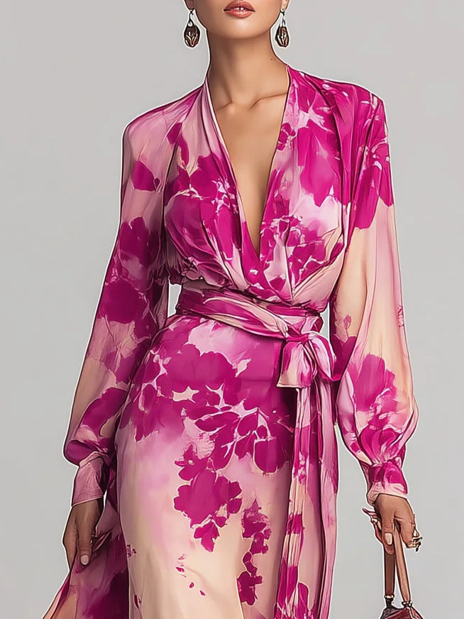 Katia | Rose Red Floral V-neck Belted Maxi Dress