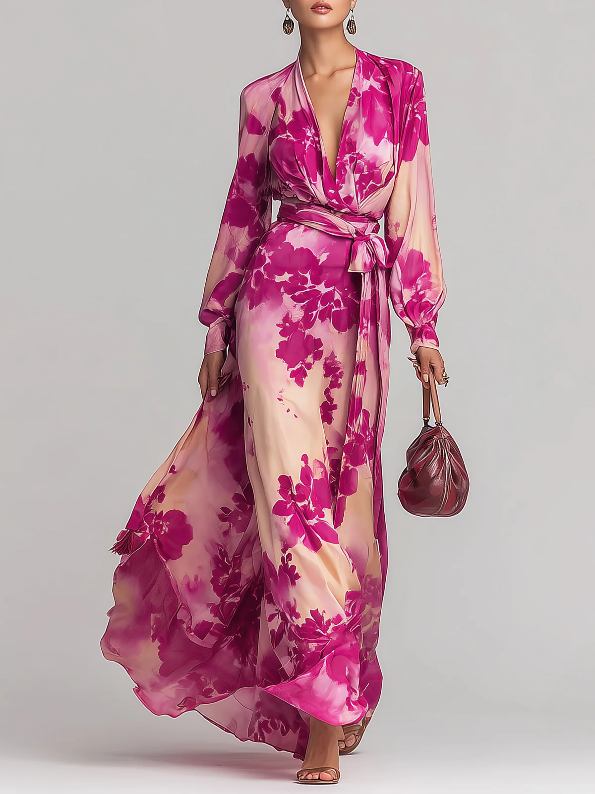 Katia | Rose Red Floral V-neck Belted Maxi Dress
