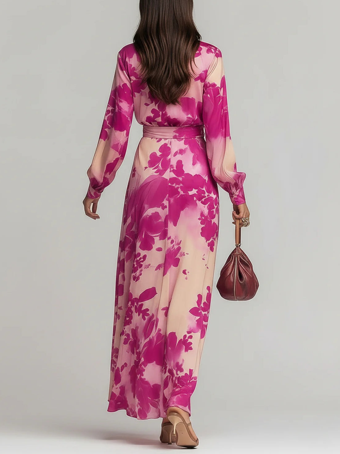 Katia | Rose Red Floral V-neck Belted Maxi Dress