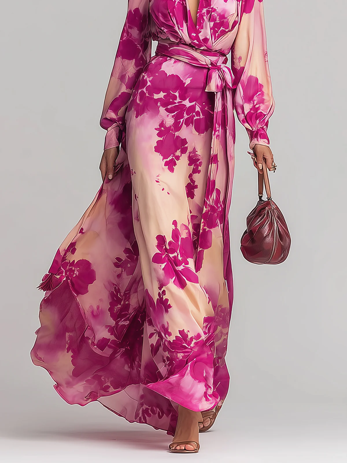 Katia | Rose Red Floral V-neck Belted Maxi Dress