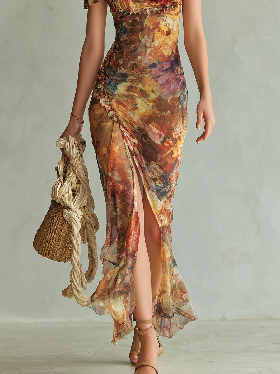 Luella | Orange Bohemian Holiday Oil Painting Print Chiffon Maxi Dress