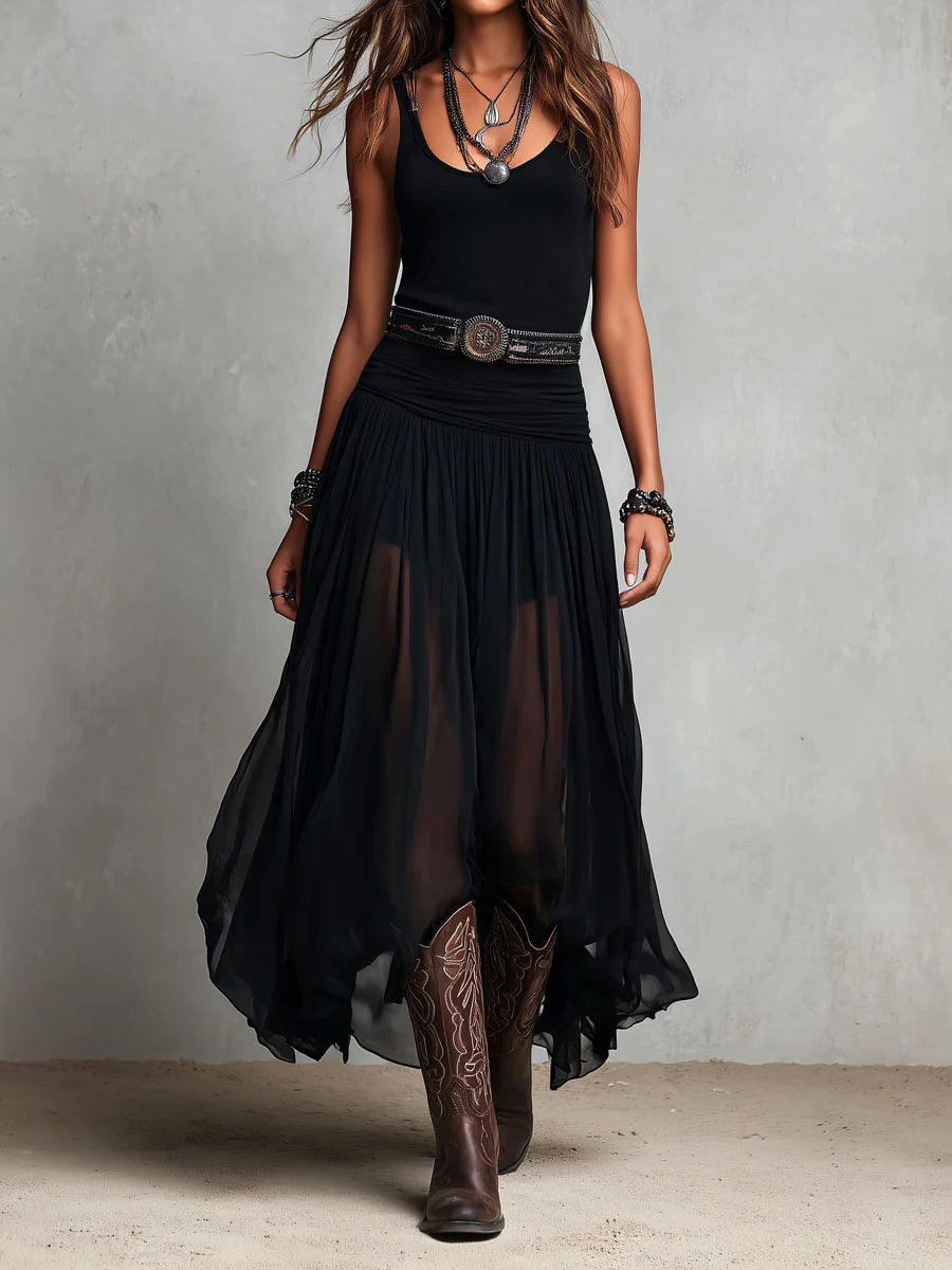 Alessie | Black Sleeveless Tank Top With Tulle Skirt Maxi Dress(with belt)