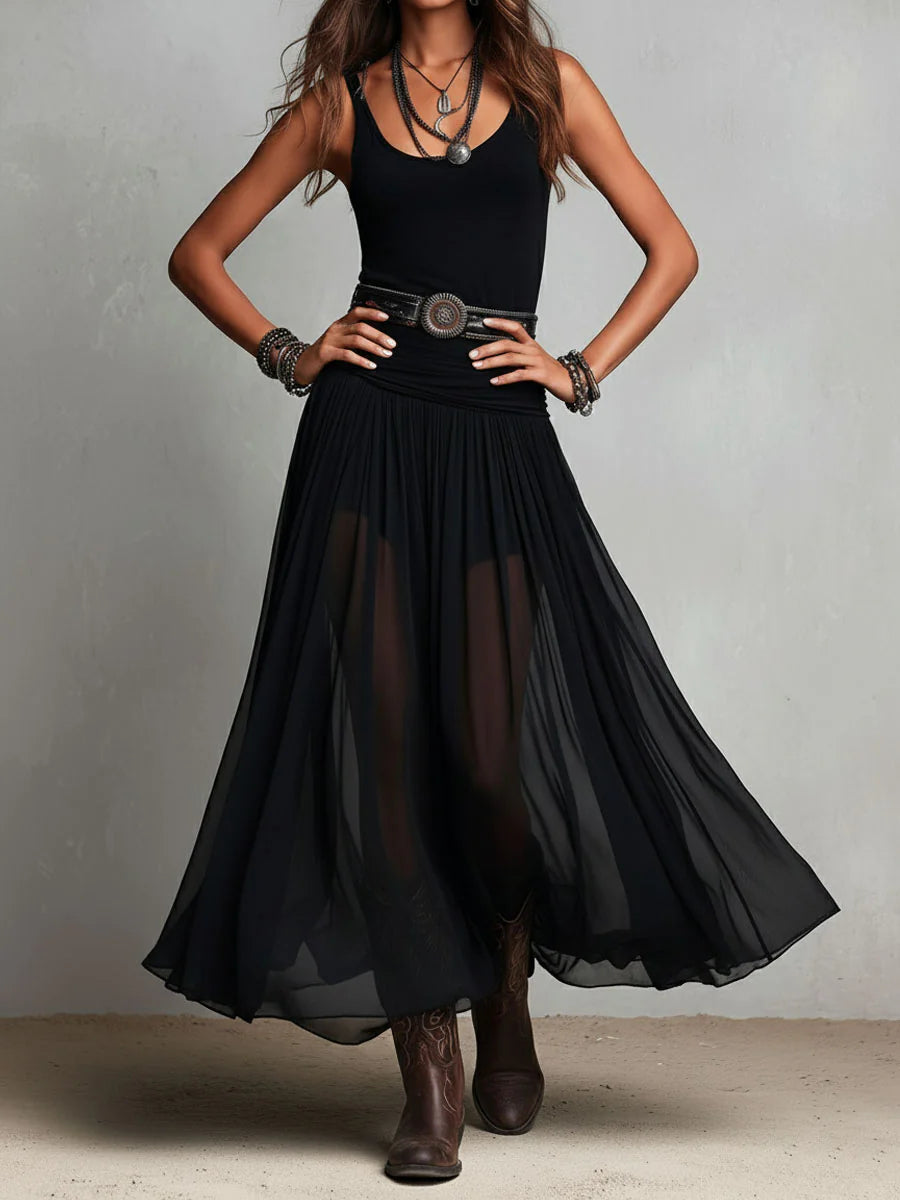 Alessie | Black Sleeveless Tank Top With Tulle Skirt Maxi Dress(with belt)