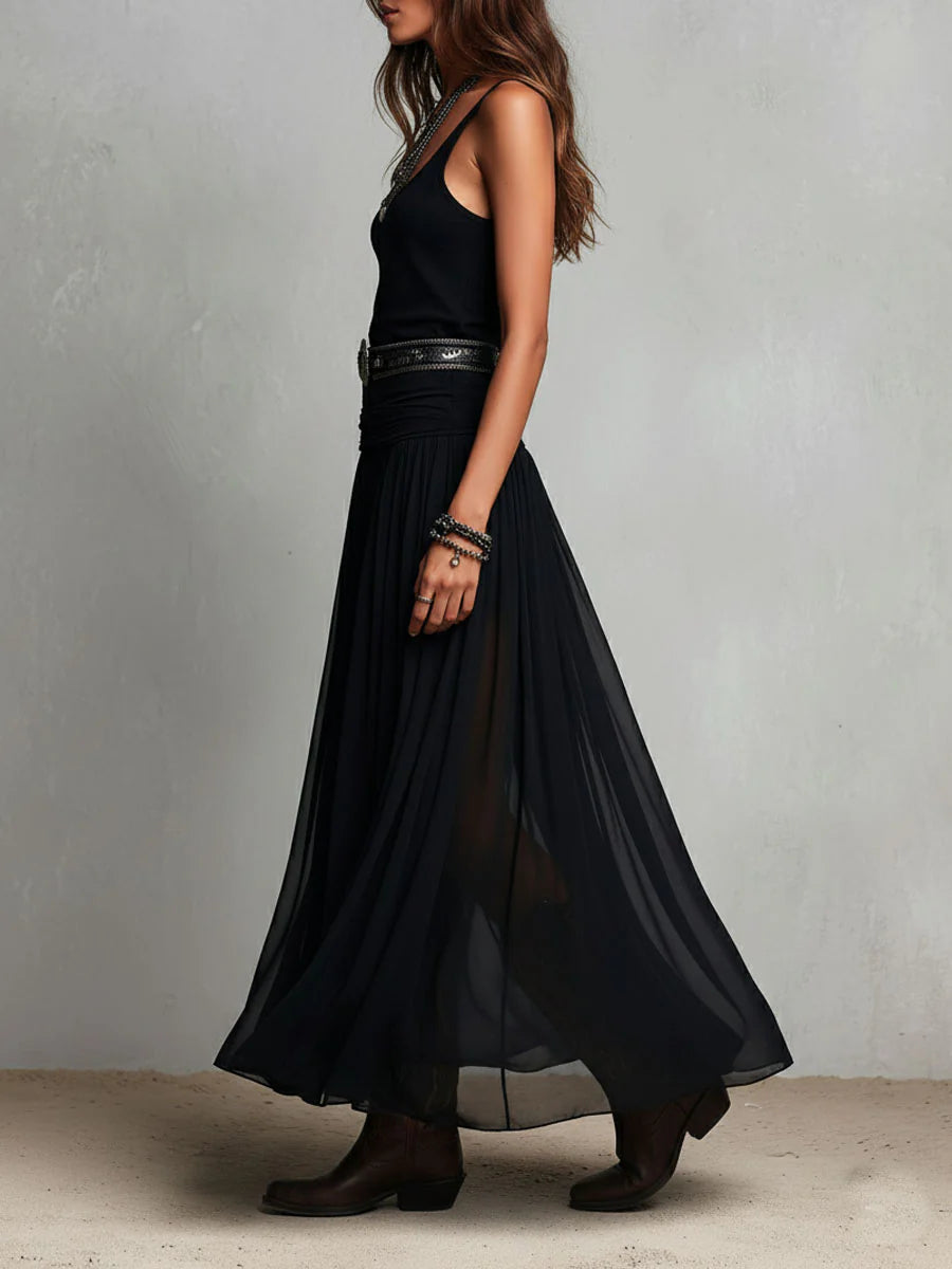 Alessie | Black Sleeveless Tank Top With Tulle Skirt Maxi Dress(with belt)