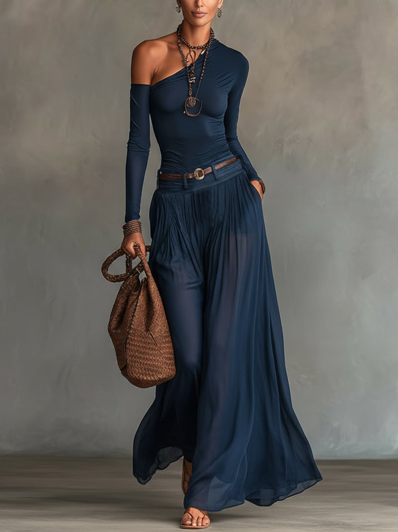 Aila | Navy Blue One-shoulder Top And Sheer Tulle Skirt Two-piece Set(with belt)