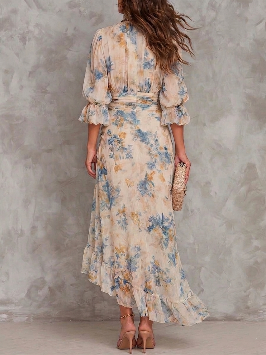 Isla-May | Beige Turtleneck Oil Painting Floral Print Irregular Chiffon Maxi Dress