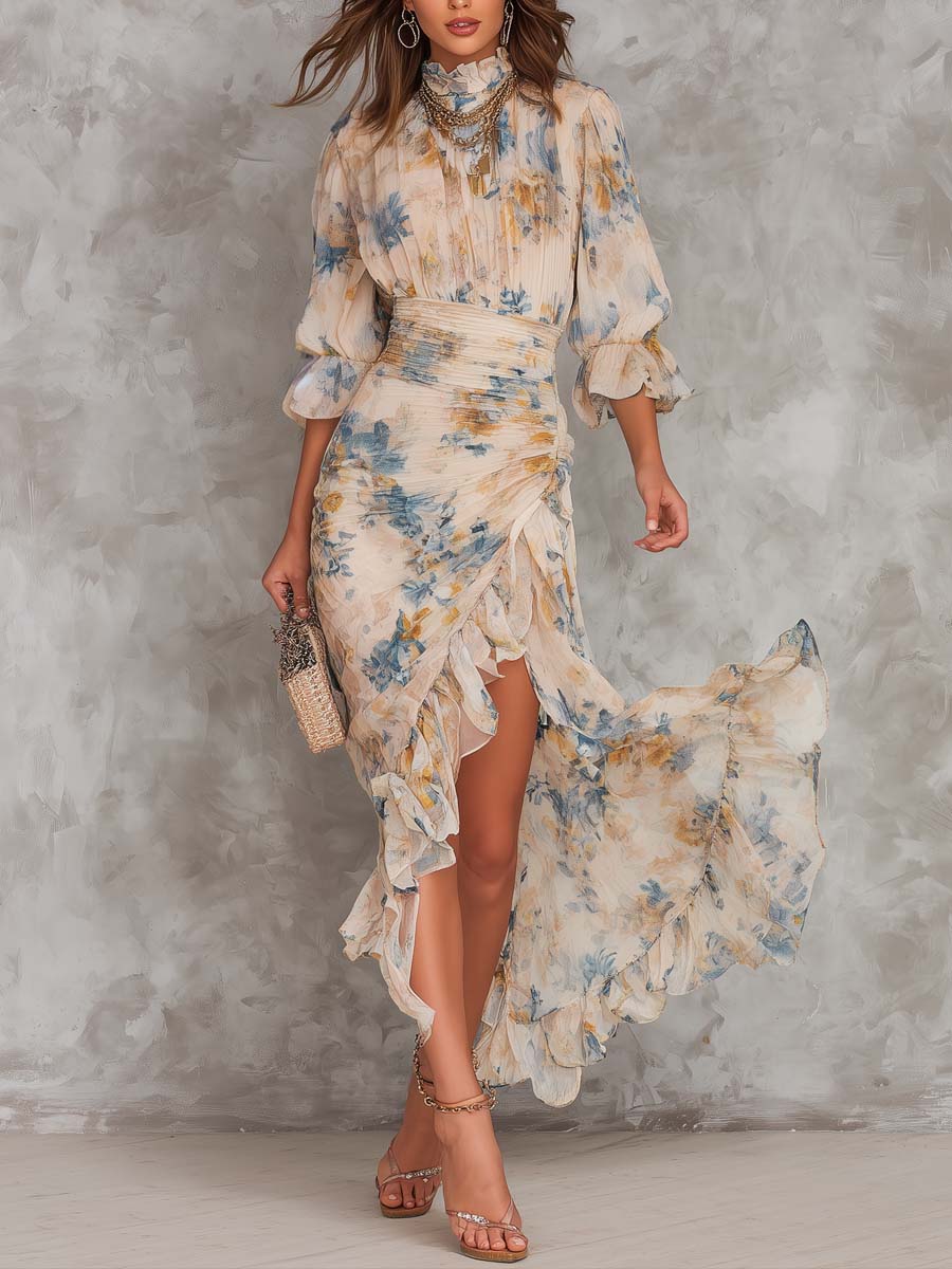 Isla-May | Beige Turtleneck Oil Painting Floral Print Irregular Chiffon Maxi Dress